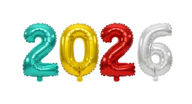 Colorful 2026 number balloons in teal, gold, red, and silver, perfect for New Year celebrations and parties - Powered by Adobe