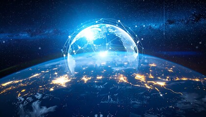 A glowing Earth from space, crisscrossed by lines representing global connectivity, against a starry galaxy backdrop