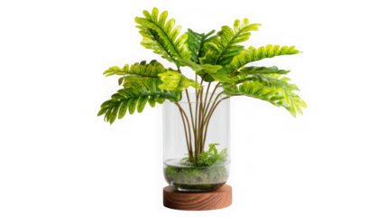 Realistic green fern plant in a clear glass vase on a wooden base studio shot transparent background