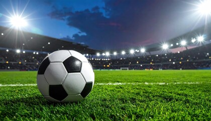 Fototapeta premium Soccer ball on a stadium field at twilight