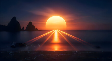 Ocean Beach Sunset with Golden Light Streaks