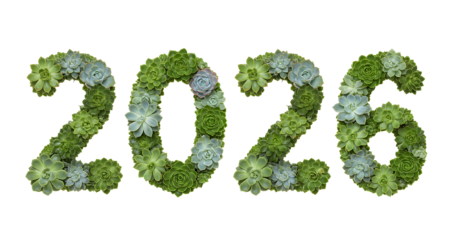2026 numbers made of green succulents and moss on white background, eco concept for new year or future dates