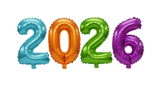 Colorful foil balloons shaped as numbers 2026 in blue, orange, green, and purple isolated on white, perfect for New Year celebrations or future events