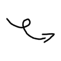 Hand drawn doodle sketch of a curvy black arrow pointing to the right, perfect for a navigation icon, directional symbol, or a graphic design element on a transparent background