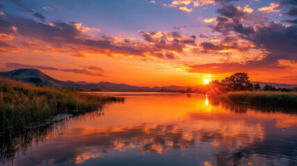 Obraz premium Stunning sunset over calm lake, reflecting vibrant colors in water and sky
