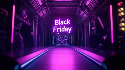 Black friday sale in futuristic neon lit corridor with geometric shapes and glowing text in the center