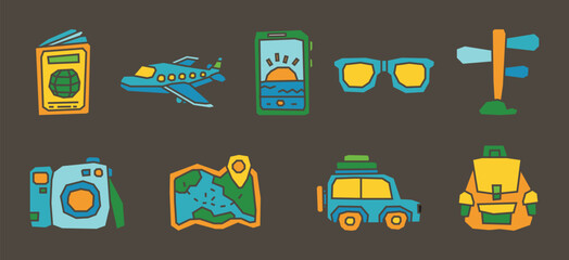 Solid Colorfull Filled Traveling Theme Icon Collection in Cutout and Flat Design