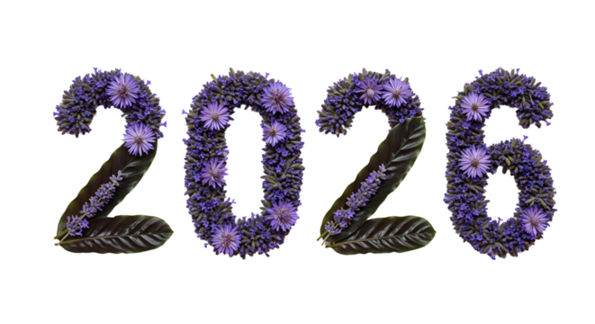2026 year numbers made of purple flowers and green leaves isolated on white background, floral nature design, perfect for eco and spring themes