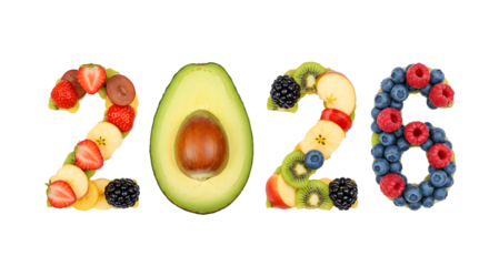 Fresh colorful fruit shapes forming 2026 with berries, avocado, and sliced fruits for healthy lifestyle or New Year concept