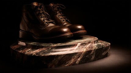 Elegant brown leather boots with golden eyelets and laces displayed on a luxurious marble stand,