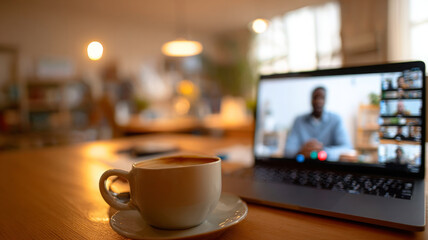 Man making video call from his home office with cup of coffee nearby, creating warm atmosphere