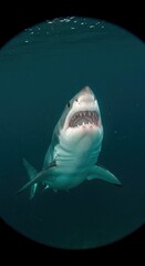 Obraz premium A great white shark, mouth agape, swims in dark, deep ocean water, presenting a powerful, predatory presence.