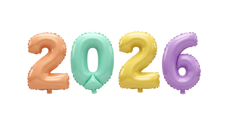Colorful 2026 foil balloons in orange, green, yellow, and purple, celebrating the New Year or a milestone event, perfect for parties and celebrations