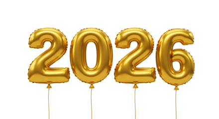 Gold foil balloons shaped as the numbers 2026 on white background, perfect for New Year celebrations and milestone events