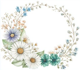 Floral Elegance: A captivating watercolor composition of a floral wreath, adorned with delicate flowers and leaves, encircling a blank space, exuding charm and serenity.