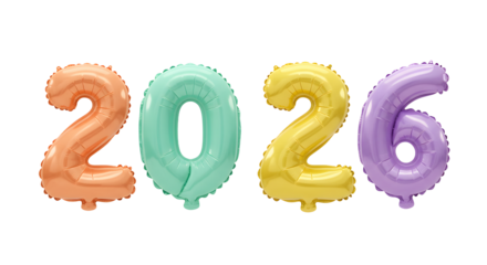 Colorful 2026 number balloons in orange, green, yellow, and purple on white background, ideal for New Year celebrations or milestone events