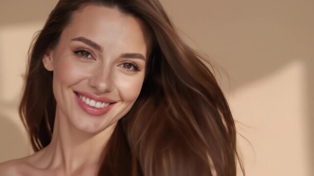 Portrait of smiling woman with brown hair against beige backdrop
