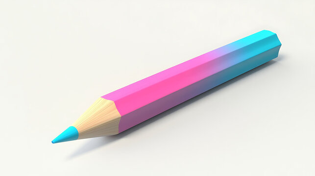 A short colorful 3D pencil with a gradient body from pink to blue, positioned at a tilted angle on a smooth white surface with minimal shadows,
