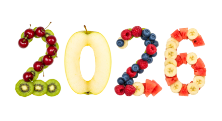 Healthy 2026 New Year concept made with fresh fruits including kiwi, apple, berries, and banana, perfect for wellness and nutrition themes