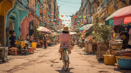 Obraz premium Person riding bicycle through vibrant market filled with colorful stalls and decorations