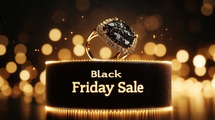 Black friday sale promotion featuring a gold ring with a large black stone on a display stand