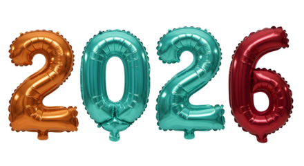 Metallic foil balloons shaped as 2026 numbers in gold, teal, and red colors, ideal for New Year celebrations and milestone events