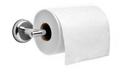 Clean white toilet paper roll mounted on a modern chrome holder transparent background