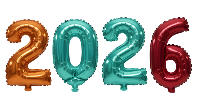 Metallic foil balloons shaped as 2026 numbers in gold, teal, and red colors, ideal for New Year celebrations and milestone events