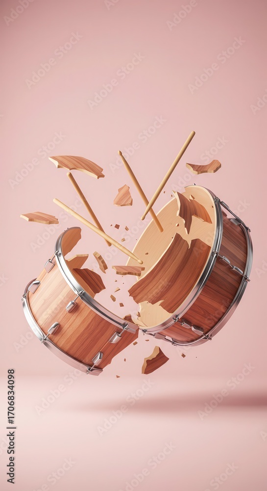 Poster a wooden drum explodes in mid-air, exhibiting a dynamic and artistic fragmentation against a soft pi