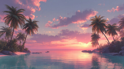 Serene sunset over tranquil beach with palm trees reflecting in calm waters