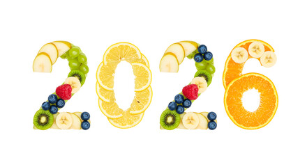 Creative 2026 numbers made of fresh fruit slices including kiwi, banana, orange, and blueberries, healthy concept perfect for nutrition or New Year themes