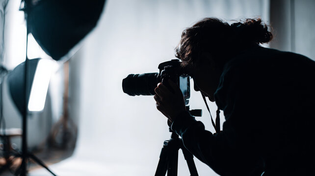 Professional photographer adjusting camera in studio setting, focused on capturing perfect shot