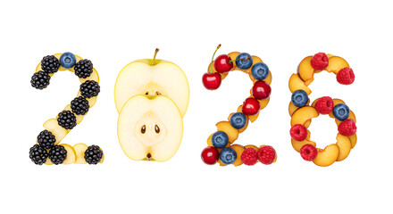 Creative 2026 numbers made with fresh berries and apple slices on white background, healthy concept for New Year or calendar design