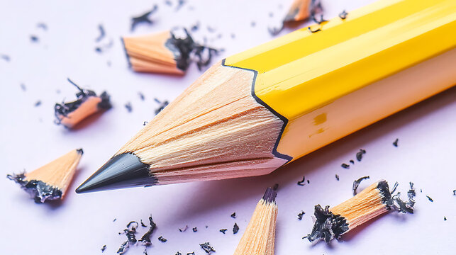 A traditional graphite pencil with hexagonal yellow body and visible pencil shavings scattered around, laying on a pale lavender background,