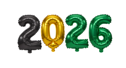 Colorful metallic 2026 number balloons in black, gold, and green, perfect for New Year celebrations and upcoming events