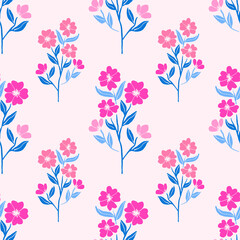 Seamless pattern with pink flowers and blue-green leaves on pastel background