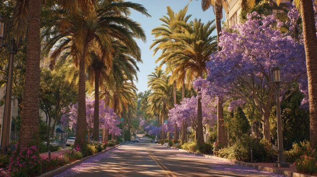 A picturesque street in los angeles, california, lined with palm trees and blooming jacaranda trees in full bloom in spring