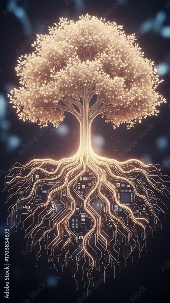Poster golden tree roots connecting to computer circuitry on dark background illustration