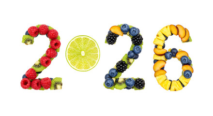 Fresh fruit digits forming 2026 with raspberries, blueberries, kiwi, lemon, orange, and mango slices, creative healthy concept for new year or event design