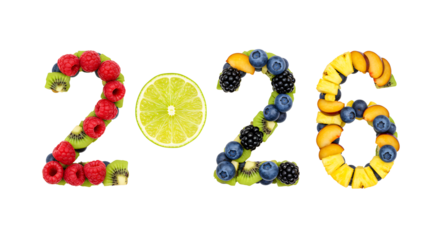 Fresh fruit digits forming 2026 with raspberries, blueberries, kiwi, lemon, orange, and mango slices, creative healthy concept for new year or event design