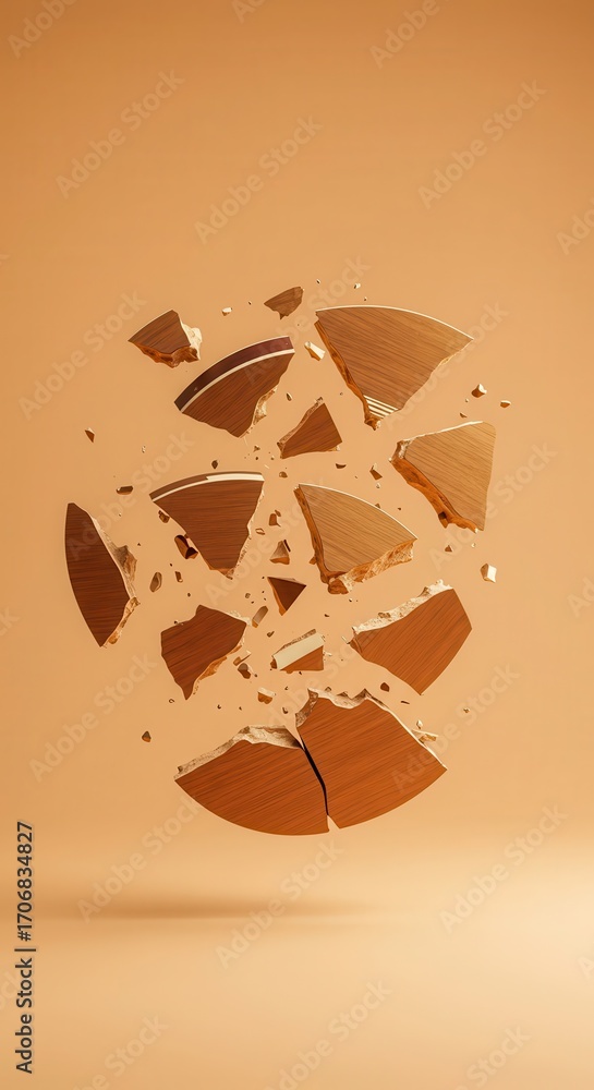 Poster a circular wooden object shatters into numerous pieces against a muted peach background, showcasing 