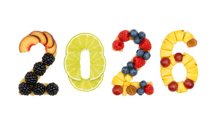 Fresh fruit numbers 2026 made with blackberries, peaches, lime, blueberries, raspberries, and pineapple, healthy food concept perfect for healthy living or diet themes