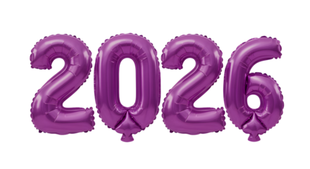 Purple foil balloon numbers forming 2026 on a white background, perfect for New Year celebrations and milestone events