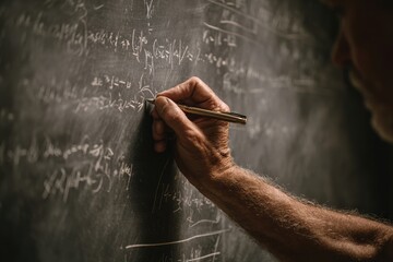 Mature man writing complex mathematical formulas on chalkboard