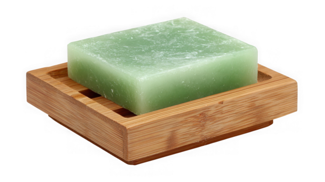 Close up of natural green soap bar resting in a wooden soap dish on a black surface transparent background
