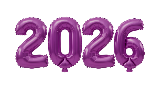 Purple foil balloon numbers forming 2026 on a white background, perfect for New Year celebrations and milestone events
