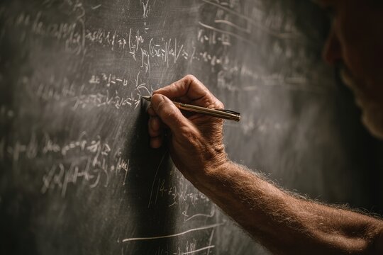 Mature man writing complex mathematical formulas on chalkboard