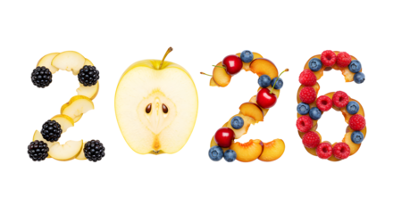 Creative 2026 year made with fresh fruits and berries including blackberries, apple, blueberries, and raspberries, healthy and natural concept, perfect for food and calendar designs