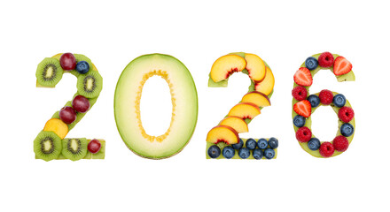 Fruits shaped as number 2026 with kiwi, avocado, nectarine, blueberry, and strawberry on black background, healthy food concept