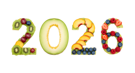 Fruits shaped as number 2026 with kiwi, avocado, nectarine, blueberry, and strawberry on black background, healthy food concept